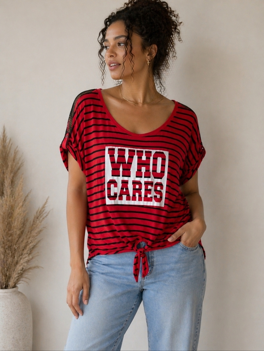 Black Label | Red Black Striped “Who Cares” Graphic Top, Size XL
